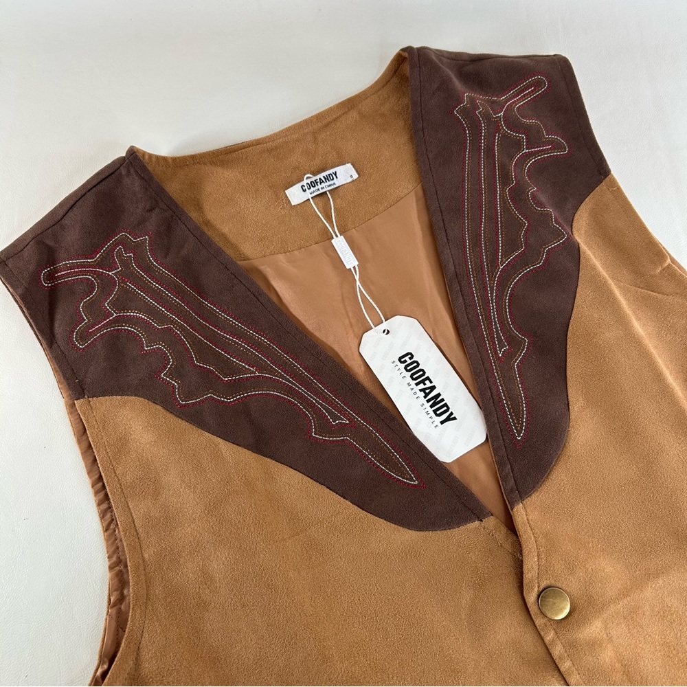 Coofandy Vest Mens Sz S Brown Suede Look/Feel Western Boot-Stitch Embroidery